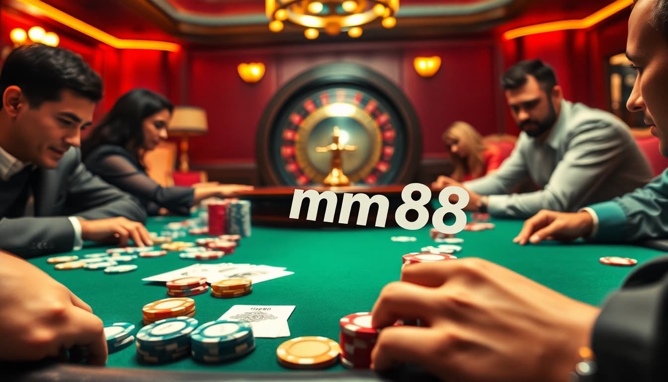 mm88 poker game highlights chips and focused players in vibrant casino.