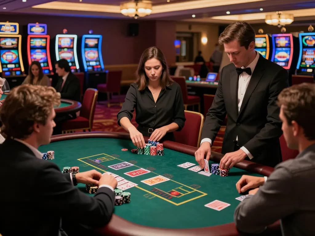 Engaging blackjack gameplay at 388bet's luxurious casino setting with players and dealer in action