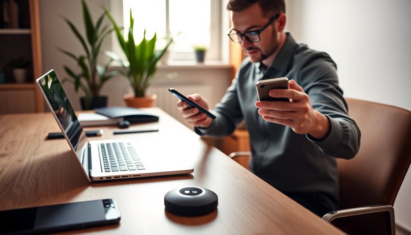 Set up eSIM on a smartphone at https://esimfo.com in a modern home office.