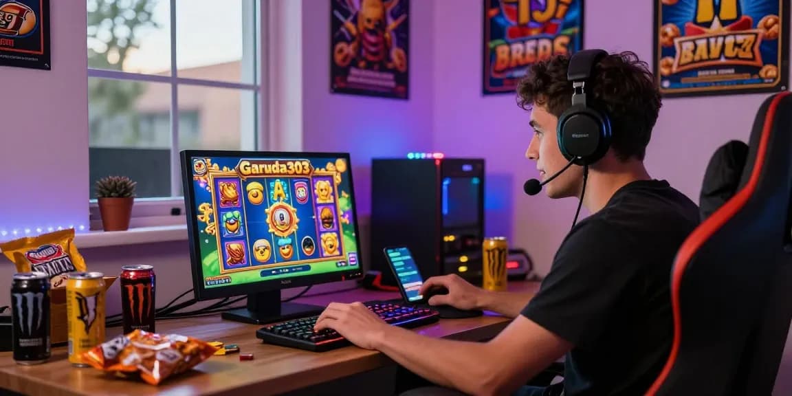 Gamer enjoying garuda303 slot on laptop, surrounded by snacks and vibrant decorations in an engaging atmosphere.