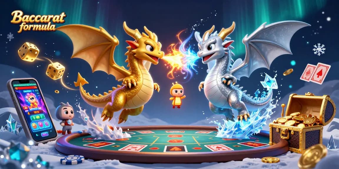 Experience the baccarat formula in action as dragon characters play in a vibrant casino setting with rich game elements.