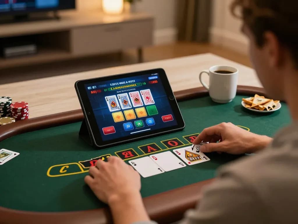 Player engaging in live dealer blackjack on tablet at home, showcasing strategic gameplay with manclub.