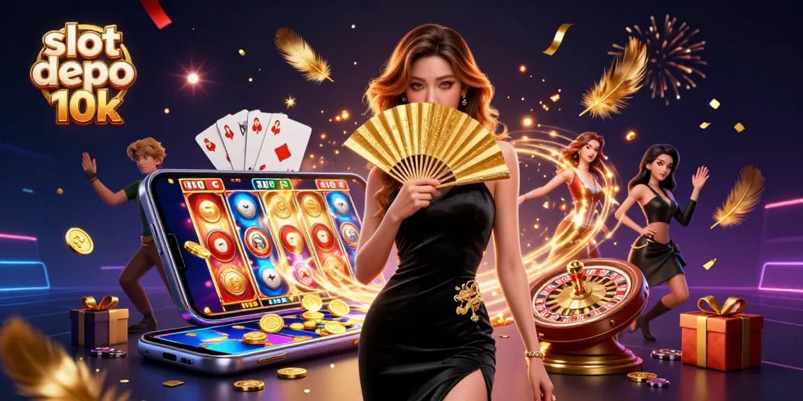 Engage in slot depo 10k action with vibrant visuals of a stunning woman and exciting game elements.