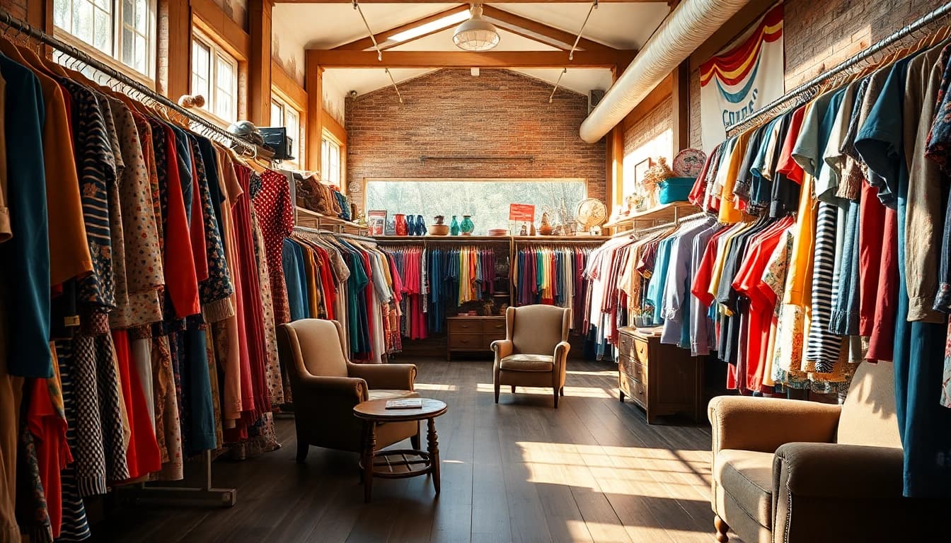 Shop sustainable fashion at https://thrift-vintage.com with a vibrant display of vintage clothing.