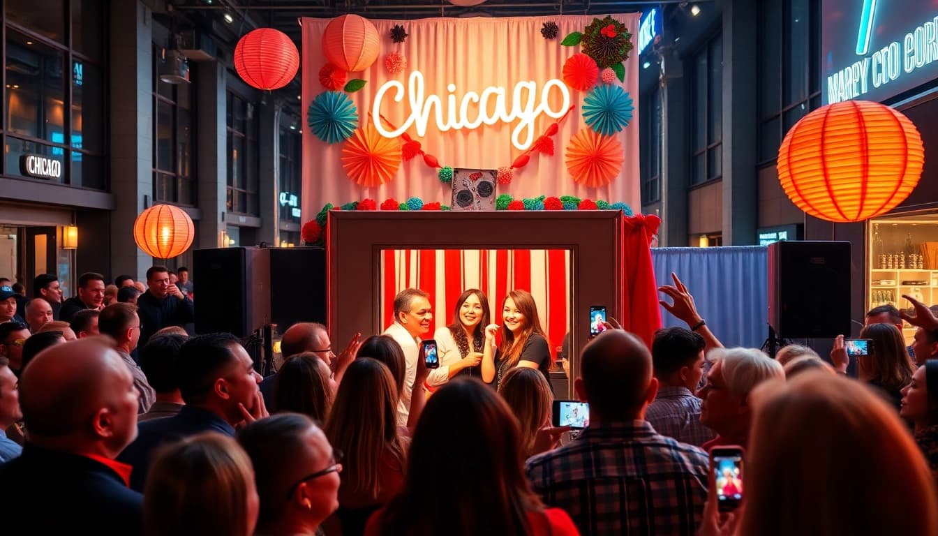Guests enjoying a photo booth chicago experience during a lively event.