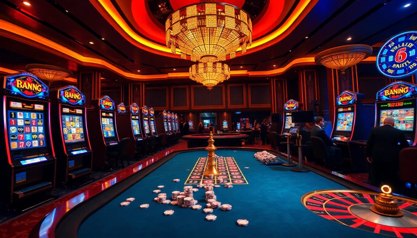 RAJABARONG casino patrons enjoying an exciting game with vibrant slot machines.