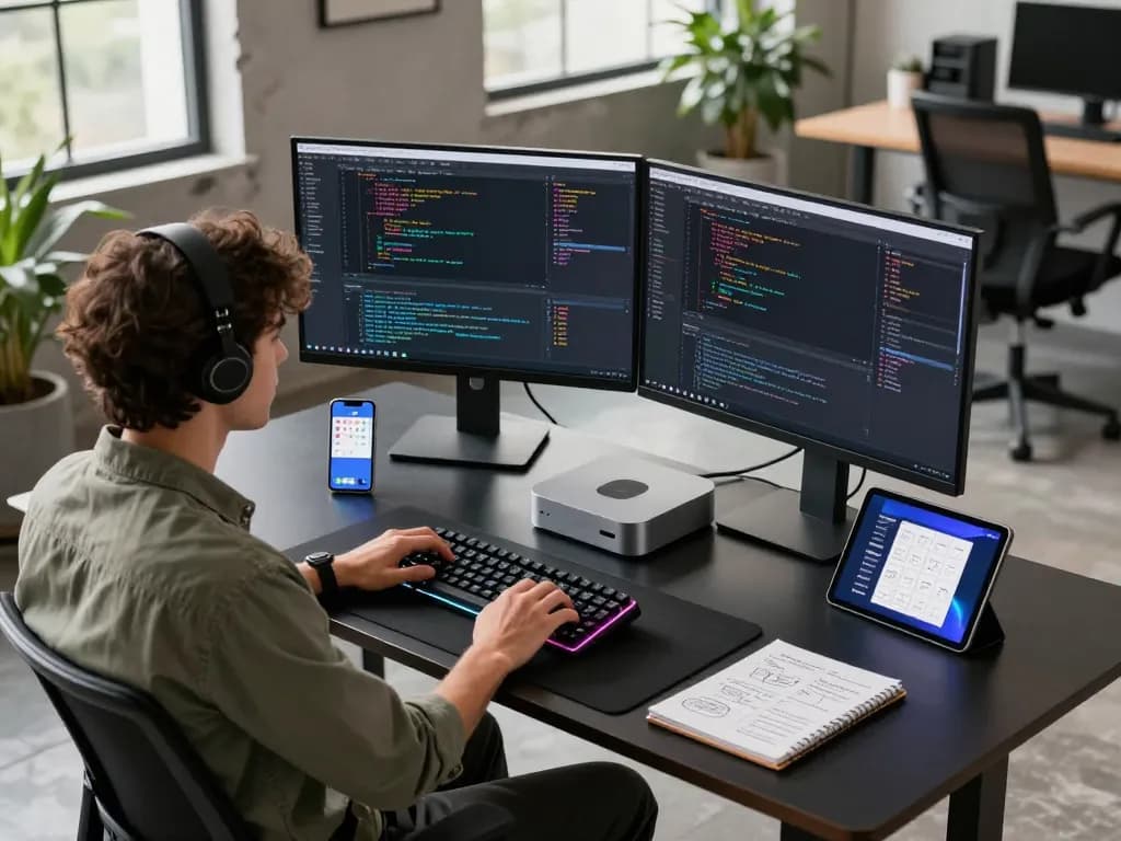 Developer working with a Mac mini in a modern workspace filled with coding monitors, tech gadgets, and natural light.