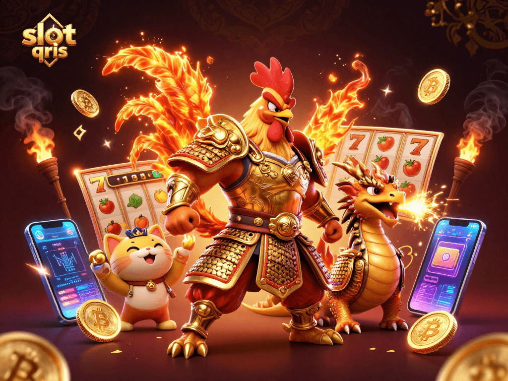 Permainan slot qris dengan simbol slot dan karakter petarung di latar belakang penuh tajuk emas.