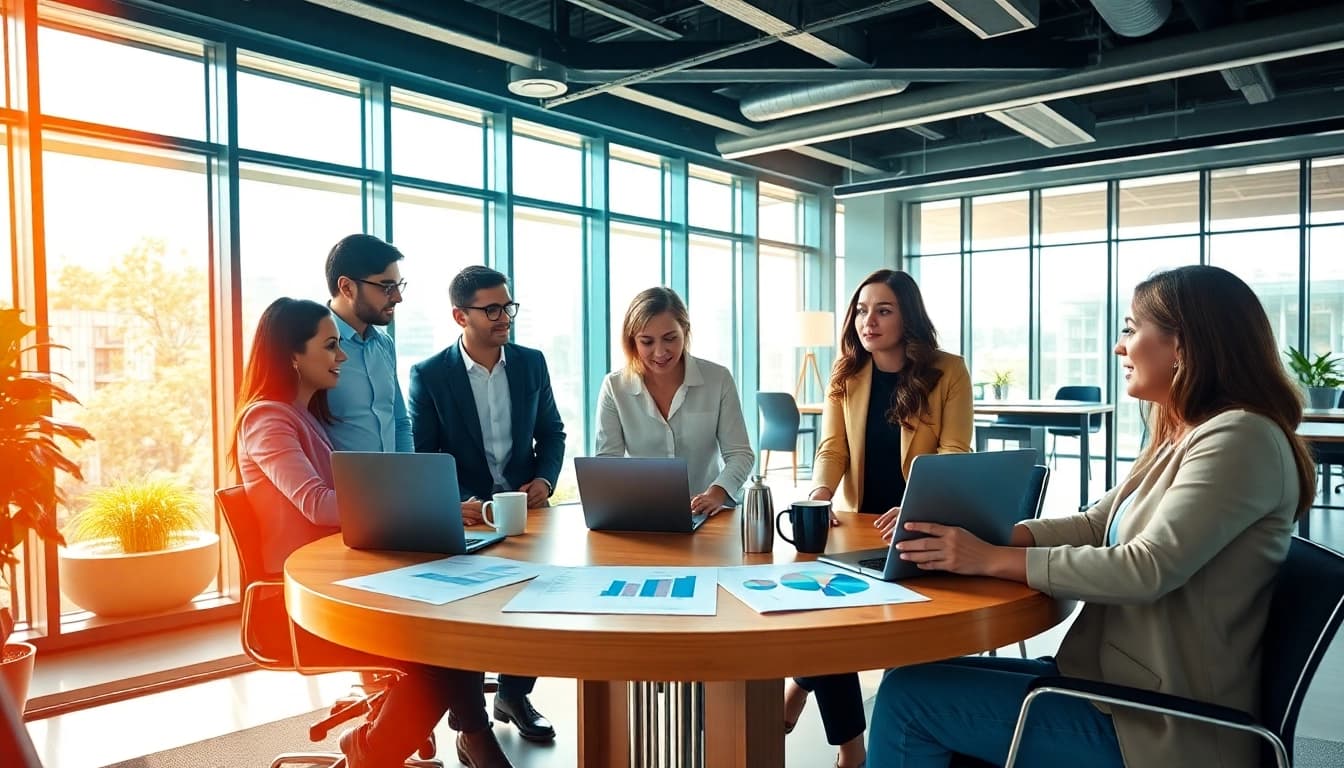 Teamwork on sales staffing platforms in a bright, modern office setting.
