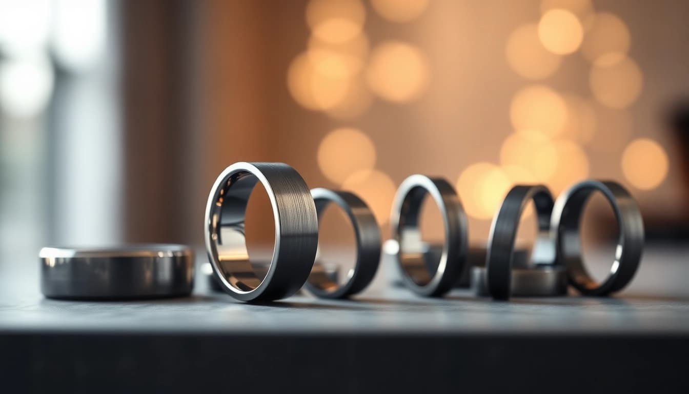 Showcase of stylish gunmetal wedding bands for men featuring modern designs with a brushed finish.
