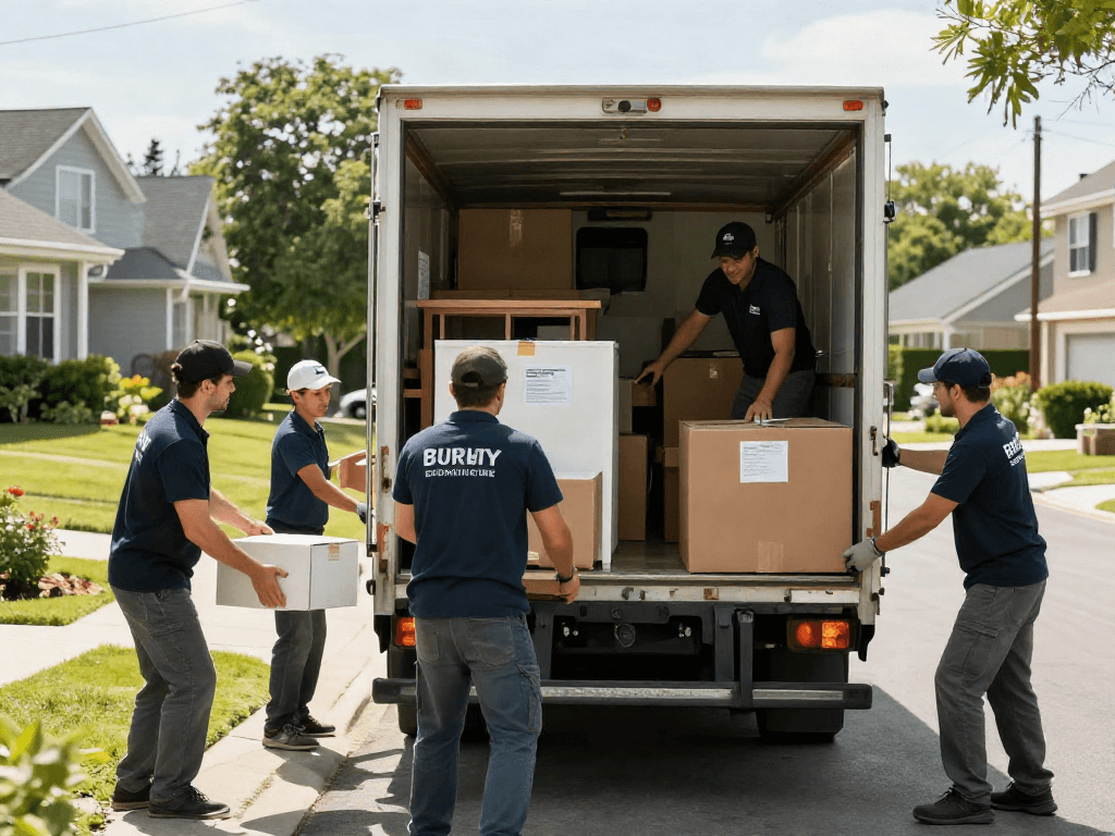 Movers professionally packing boxes and loading a truck during a home relocation.