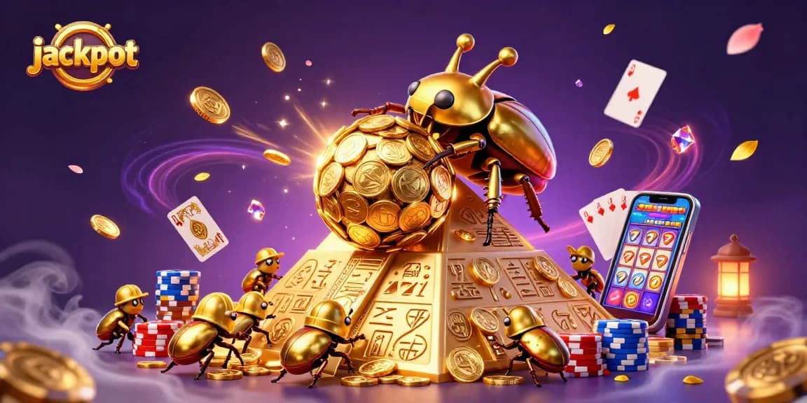 Experience the jackpot thrilling moments with cartoon beetles and cascading coins in this lively casino scene.