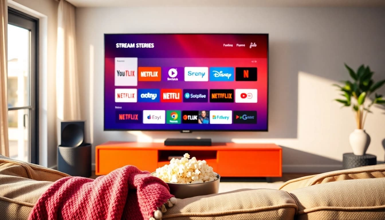 Explore streaming services on a large TV in a cozy living room setup.