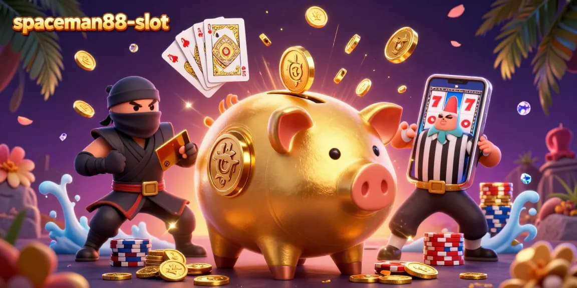 Experience the excitement of the spaceman88-slot as golden coins cascade and characters collide in a lively scene.