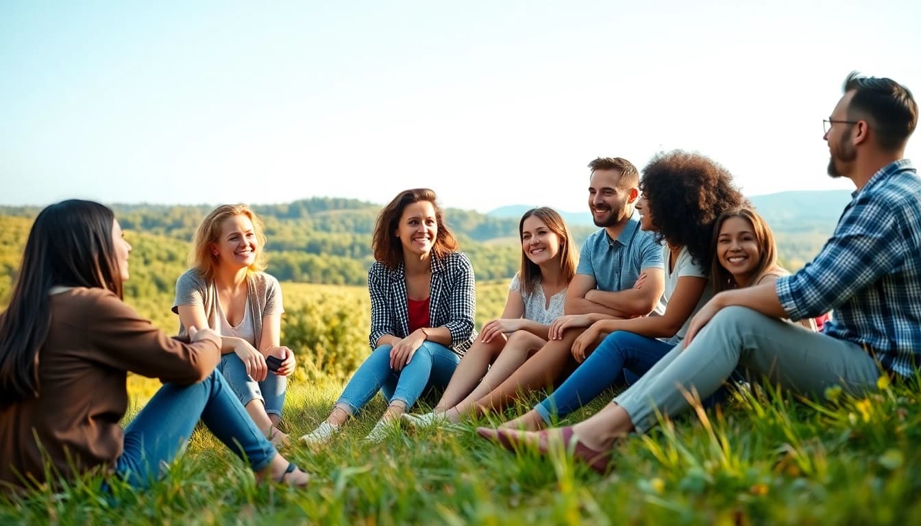 Fostering mental health awareness through supportive dialogue among diverse individuals outdoors.