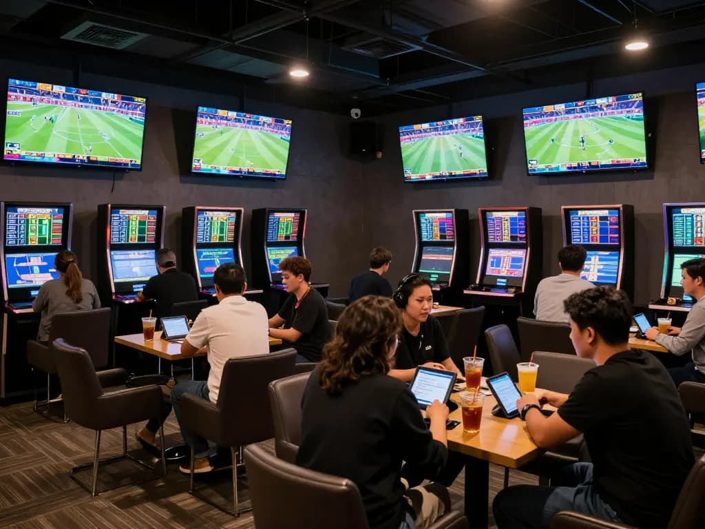 Soi Kèo enthusiasts analyzing sports bets in a vibrant betting lounge environment