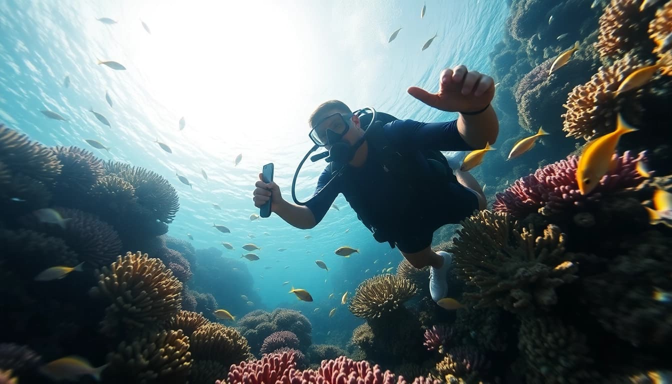 Tauchen Lernen in einer bunten Unterwasserlandschaft mit Korallen und Fischen.