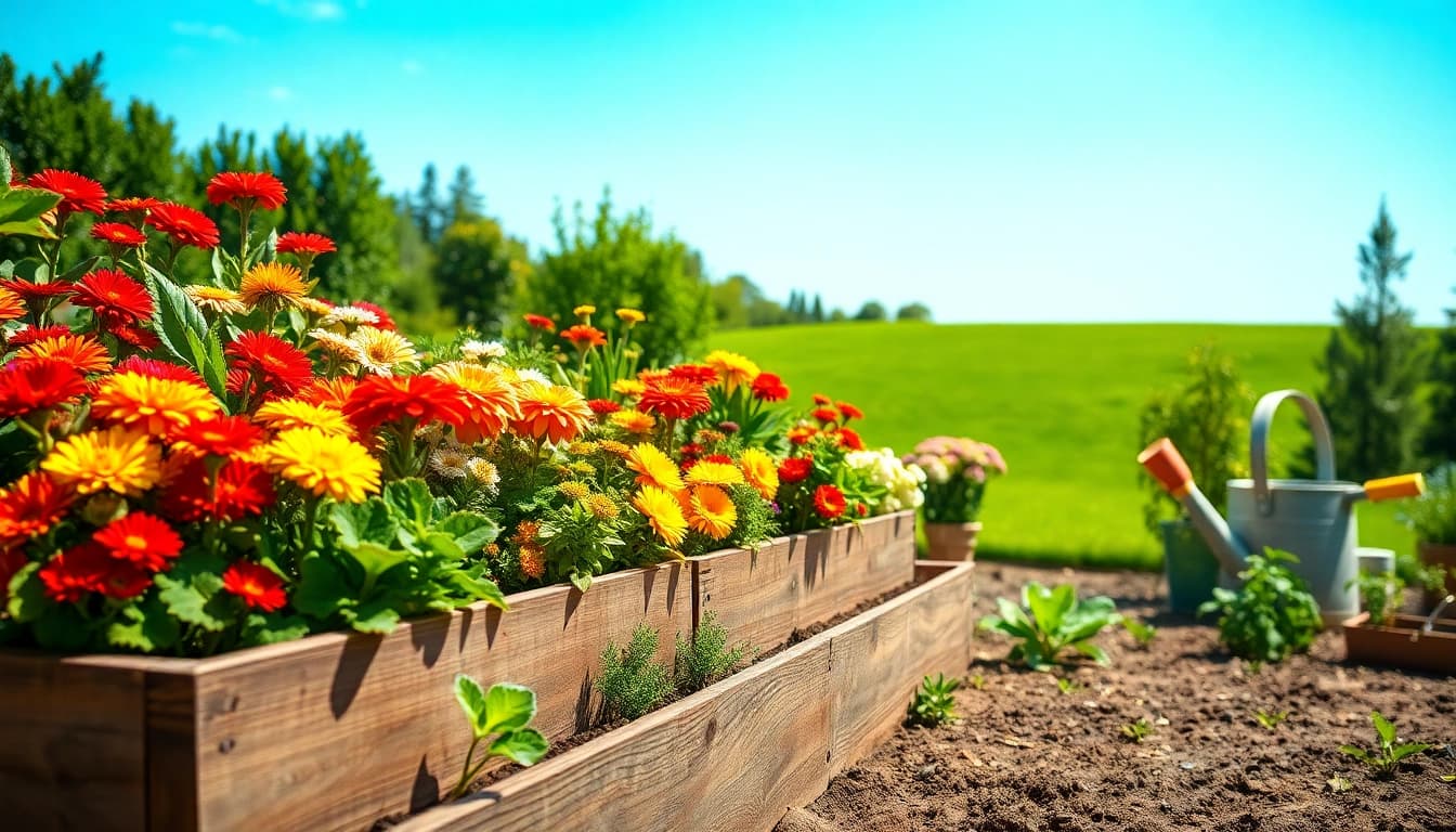 Gardening scene featuring vibrant flowering plants and vegetables in a sunny backyard garden.
