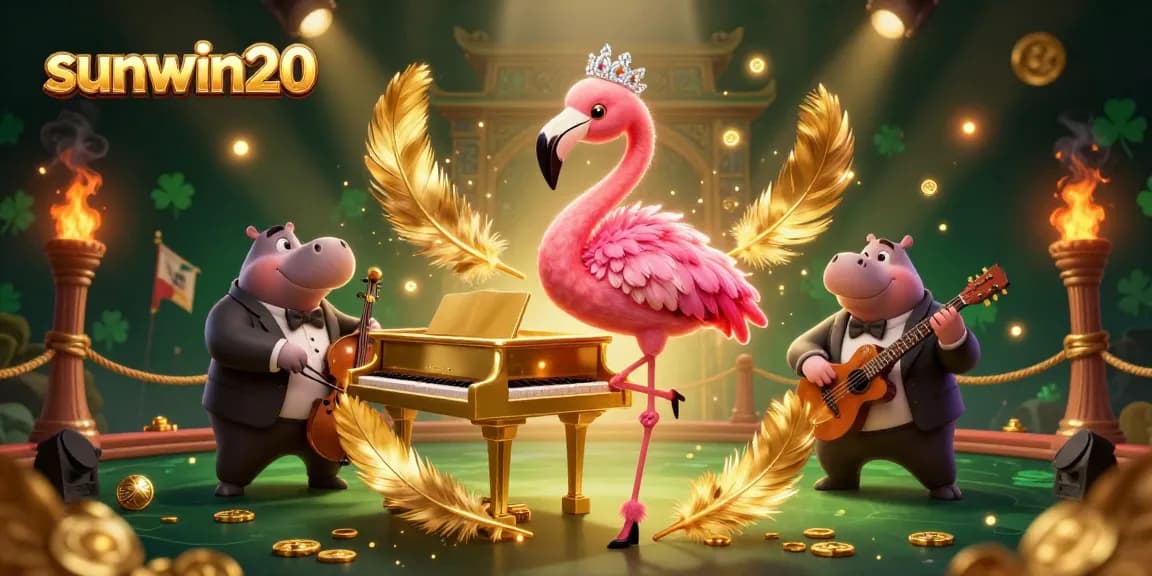 Experience the exciting games at sunwin20 with a lively flamingo singer and hippo bassist in a vibrant casino scene.
