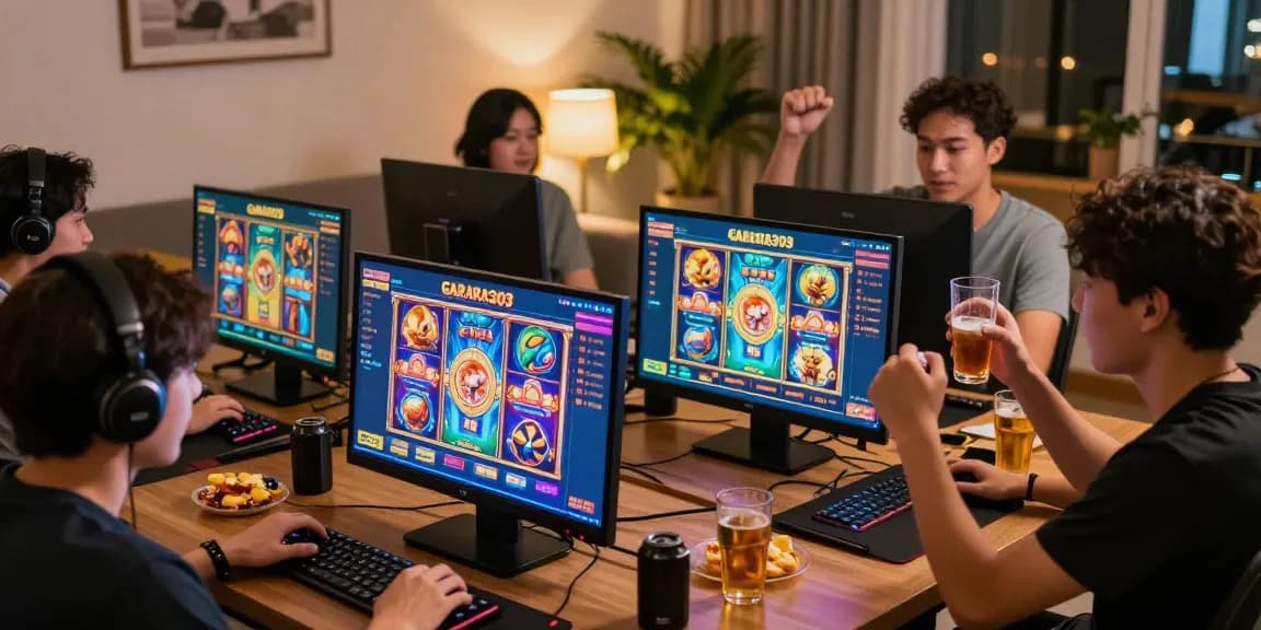 Exciting atmosphere of players enjoying garuda303 slot games in a cozy setting with vibrant graphics and community celebration.