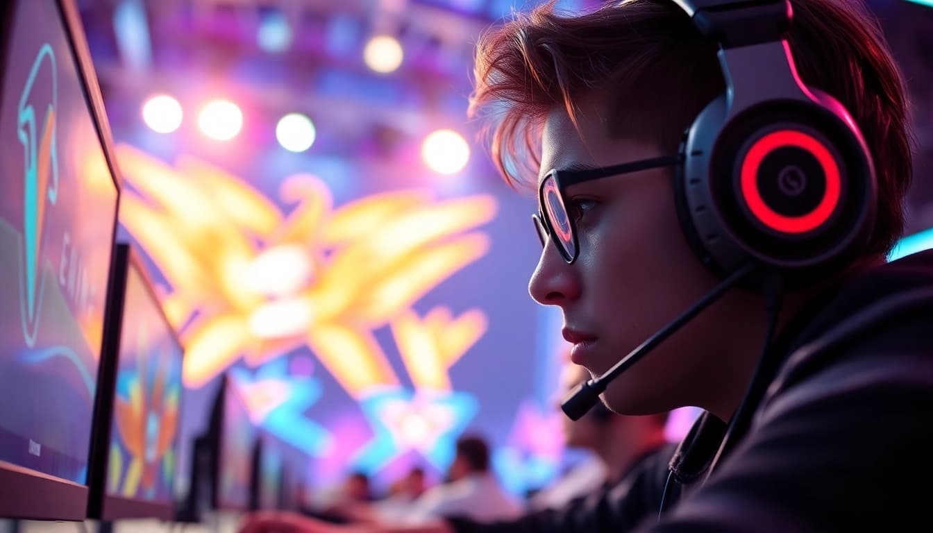 Jentoto pemain game yang berkompetisi dengan antusias di arena permainan virtual.