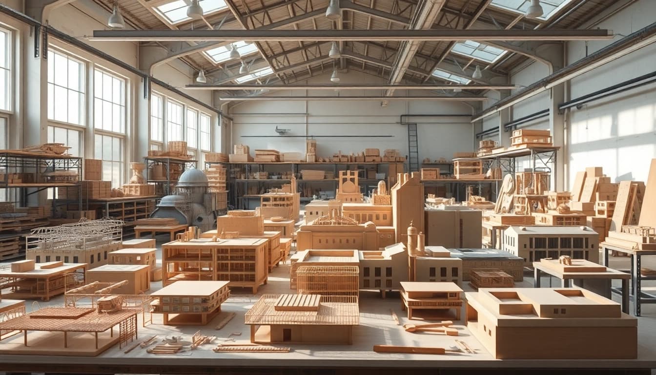 Industriemodellbau-Detailansicht von präzisen Modellen in einem modernen Workshop.