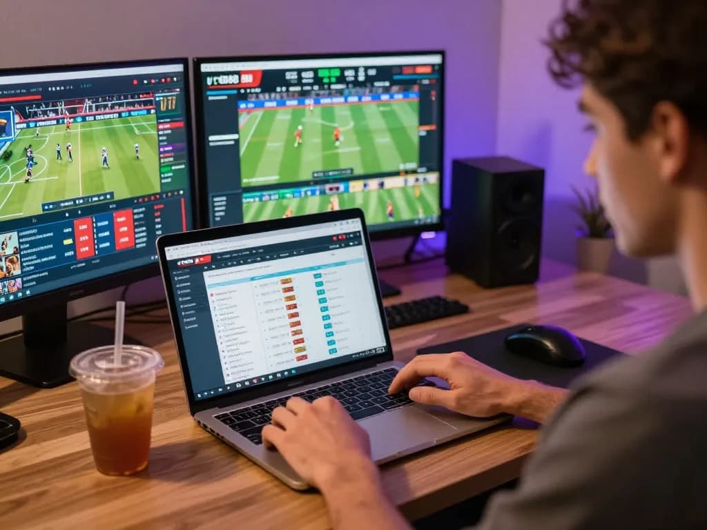 Engaged user strategizing sports bets on vt888 platform at a laptop in a cozy home environment.