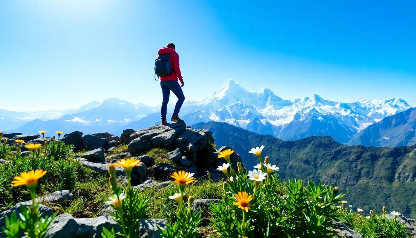 Hiker admiring breathtaking views of the Goechala trek landscape with Kangchenjunga in sight.
