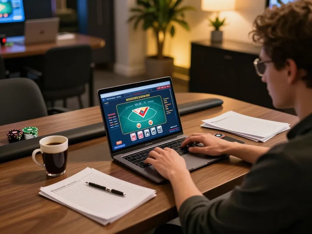 Engaging in online poker gameplay with rr88, showcasing strategy notes and gaming setup