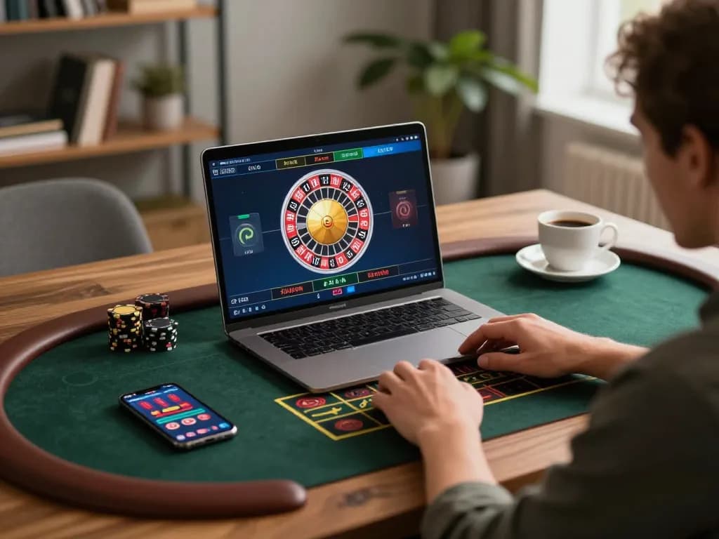Engaging in a live roulette game using laptop while exploring the 789win link mới for better odds