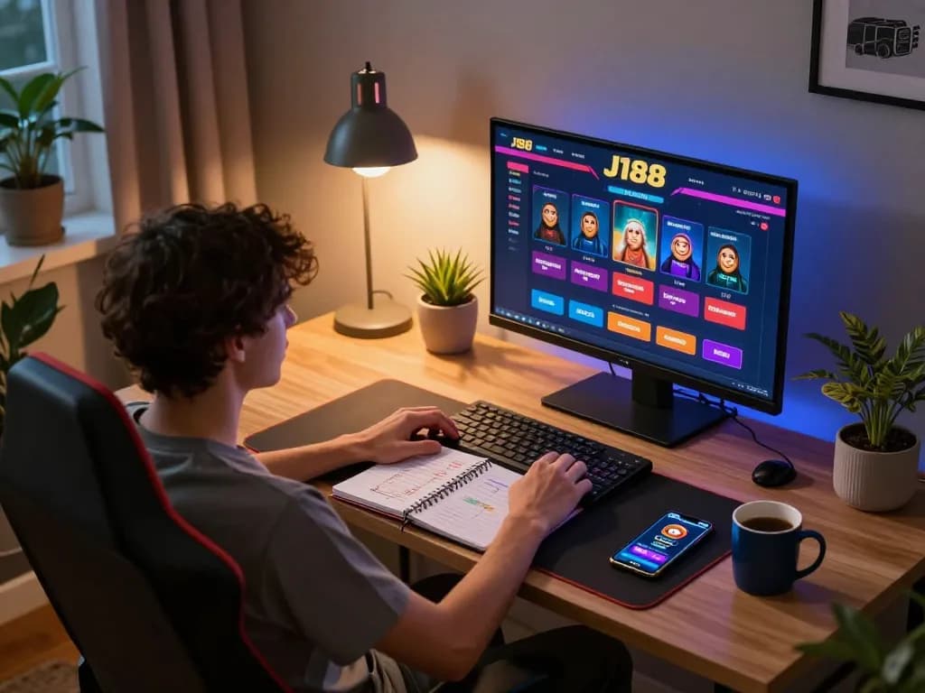 Engaging online gameplay on J188 showcasing a player's cozy home setup with gaming essentials.