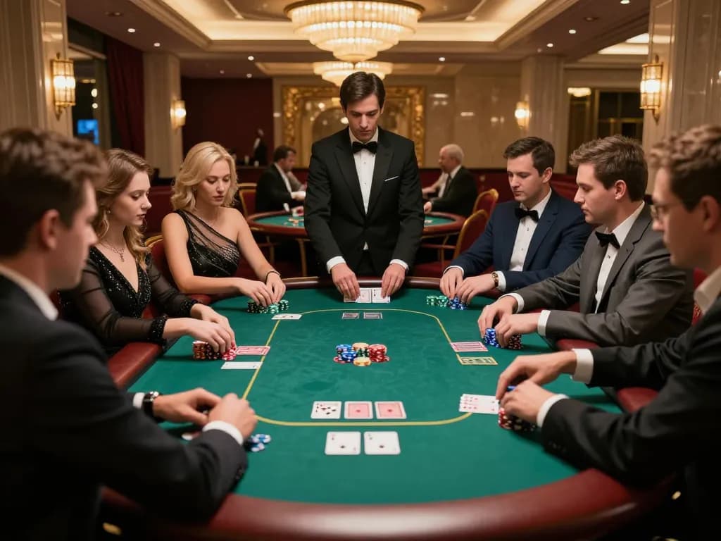 Engaging poker scene at elite casino featuring players analyzing their hands in okwin