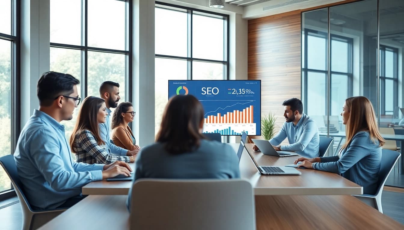 Collaborative team discussing SEO strategies in a dynamic office.