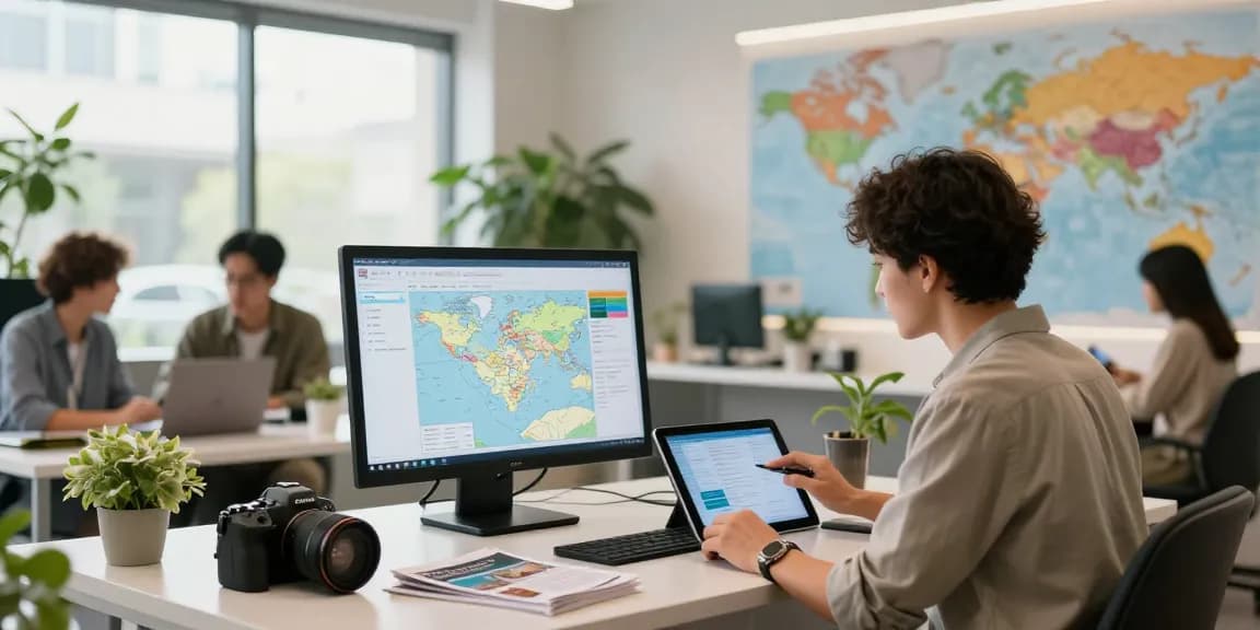 Travel advisor CRM office scene showcasing an interactive digital experience for clients.
