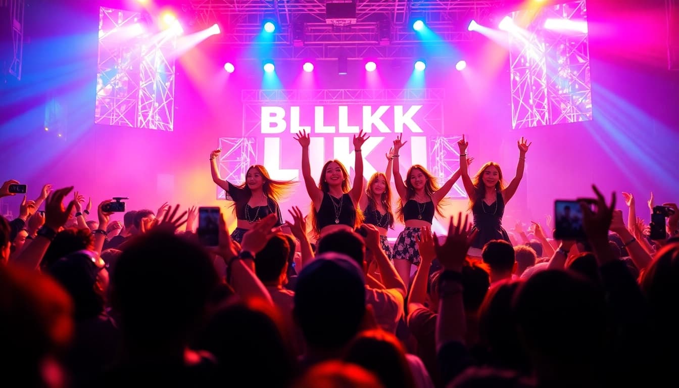 BLACKPINK news featuring dynamic performance at a concert with vibrant lights and enthusiastic fans.