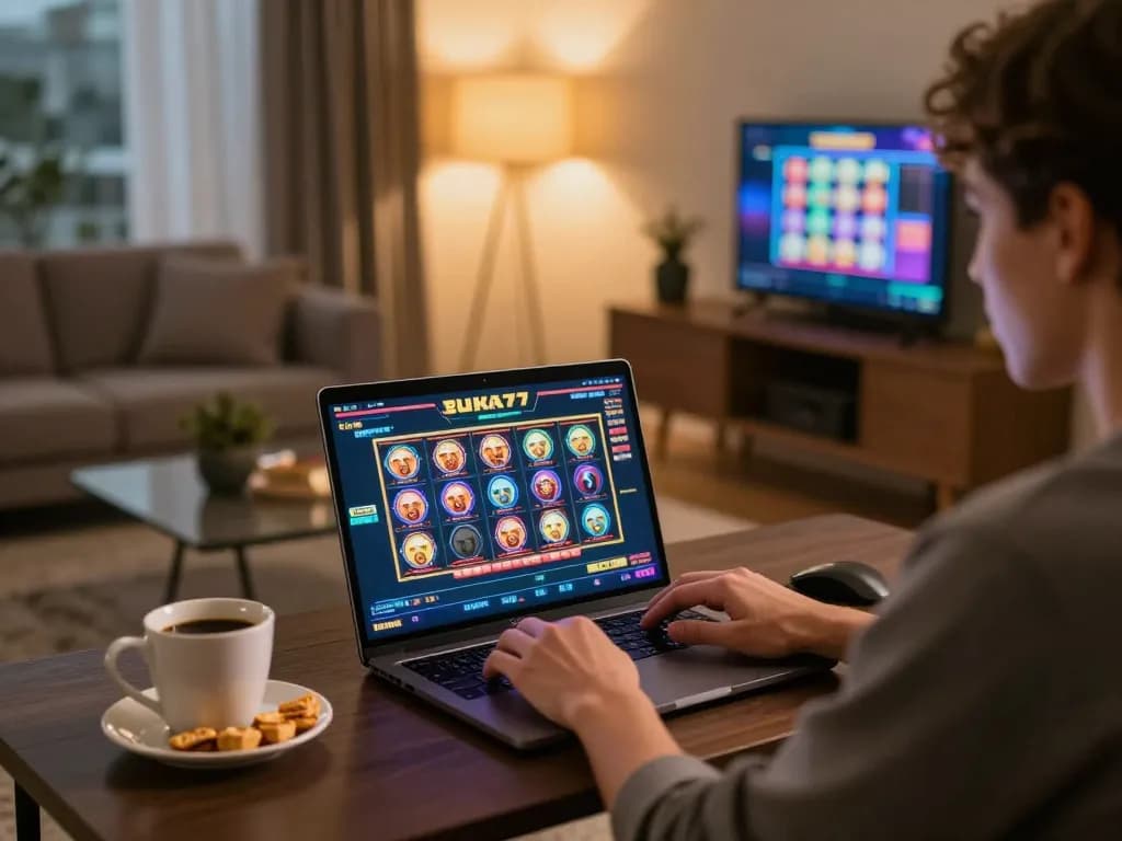 Engaging in BUKA77 online slots while enjoying a cozy home setting with coffee.