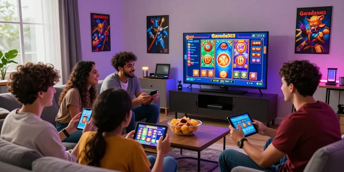 Exciting Garuda303 slot gaming scene with players enjoying interactive slot game experience in a vibrant living room setting.