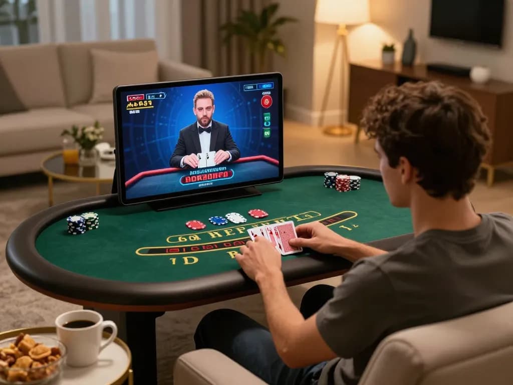 Engage in thrilling online blackjack gameplay on king33, showcasing a cozy home gaming scene.