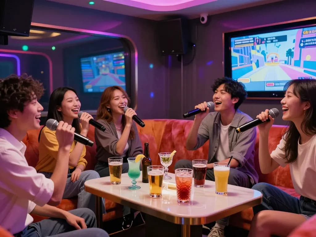 음료와 함께 활기찬 개인실에서 노래방을 즐기는 손님들, www.3no.org/seo의 경험을 보여줍니다.