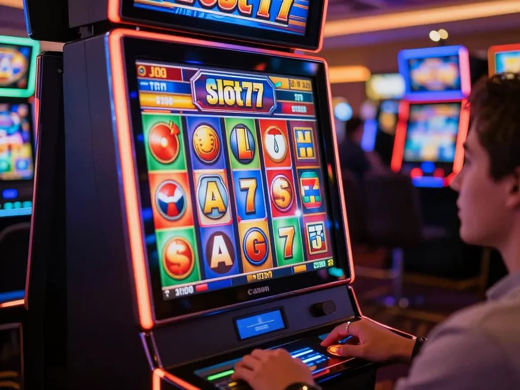 Engaging player spins the reels on slot77 machine, vibrant colors enhancing the thrill of winning.