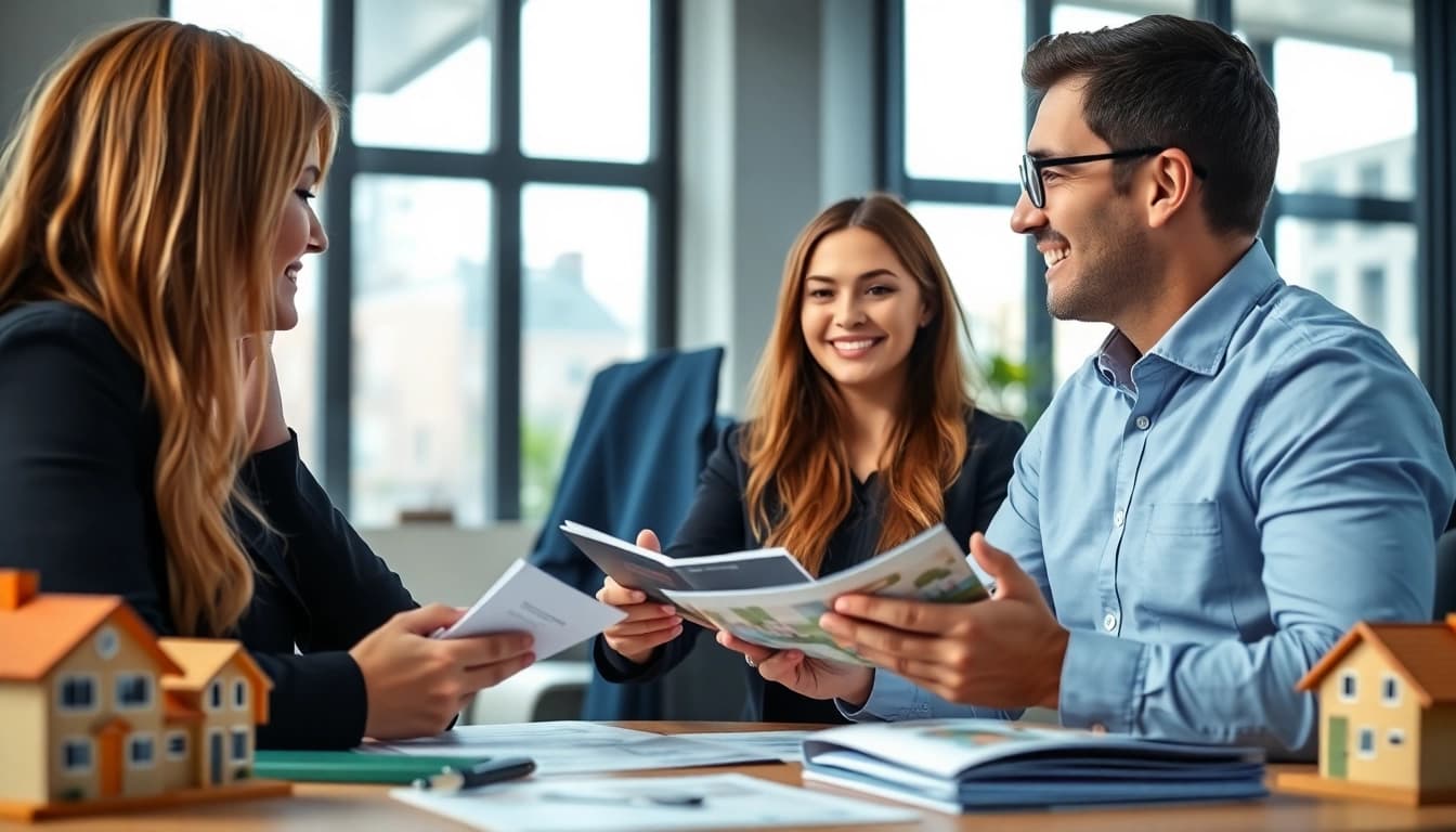 Beratung durch https://immobilienmakler-bester.de in einem modernen Büro mit Immobilienbroschüren.