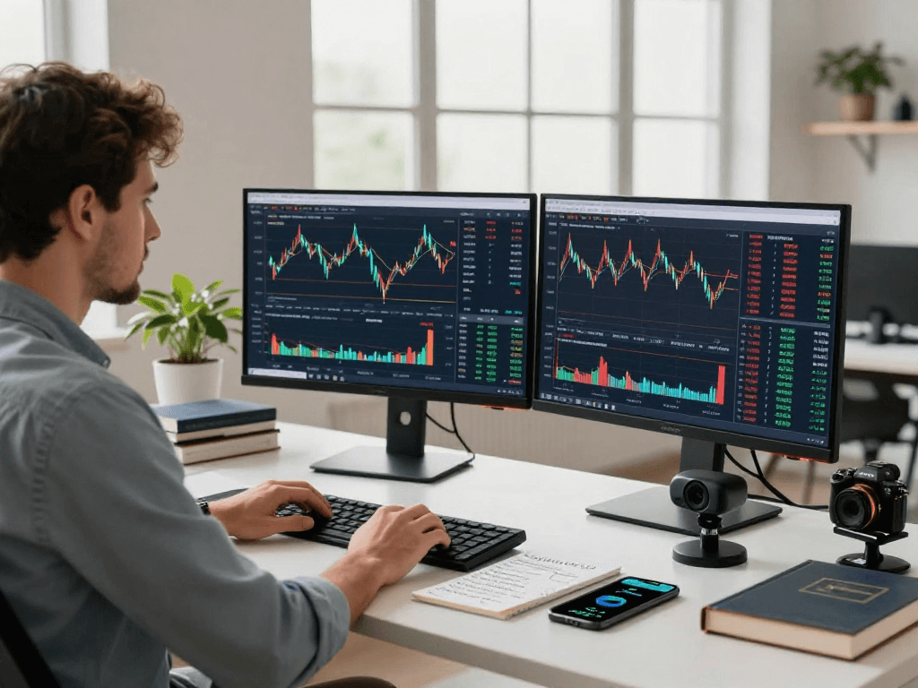 Financial analyst using TradingView for market analysis in a modern workspace