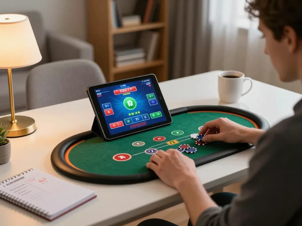 A player strategizing in an online poker game on 32win tablet, showcasing engaging gameplay.