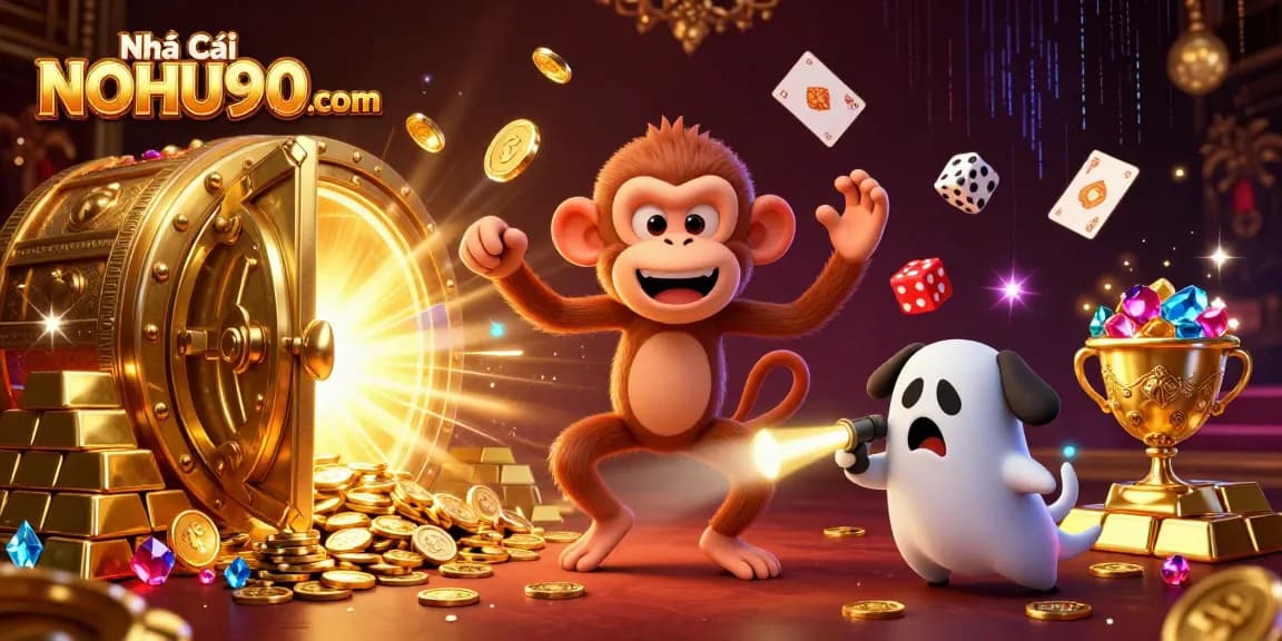 Explore the vibrant casino scene with Nhà Cái NOHU90 com's playful monkey juggling gold, captivating all players.