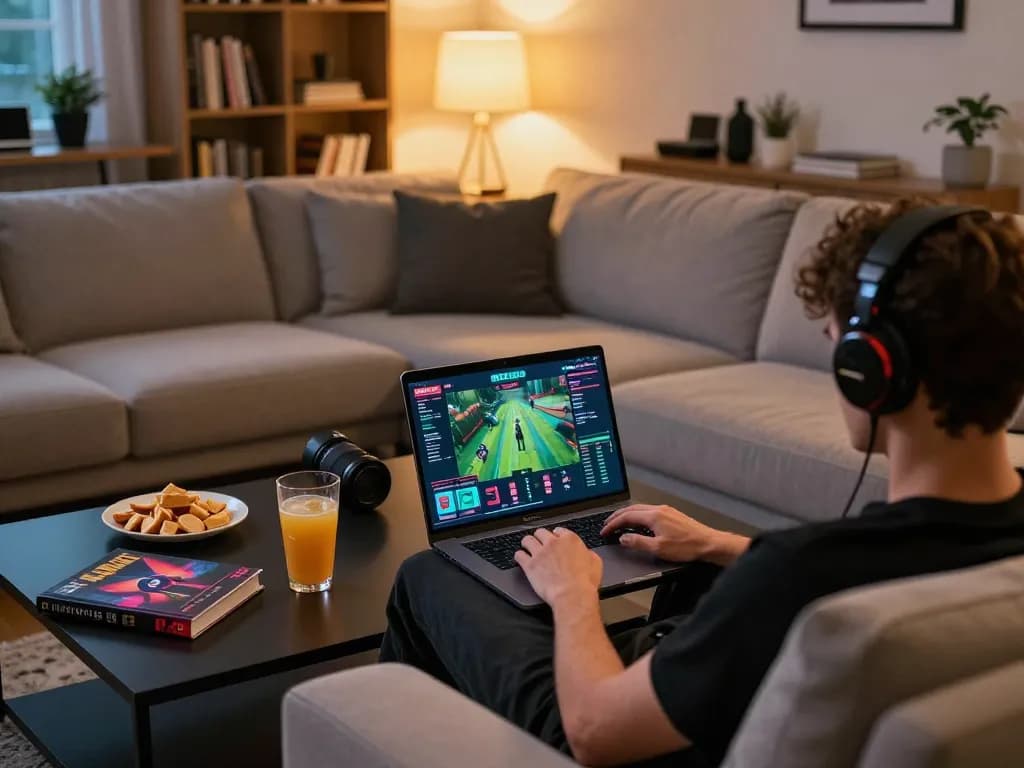 B52 club player engaged in online gaming on laptop, relaxed atmosphere with snacks and strategy notes.