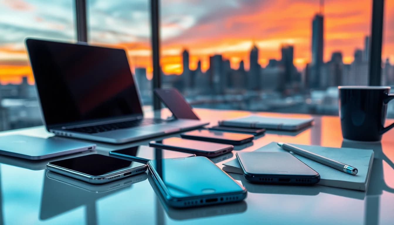 Sell your old phone in a modern workspace showcasing multiple devices for resale.