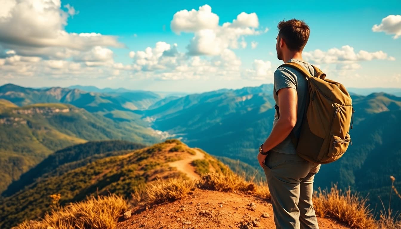 Capture the essence of adventure with a traveler gazing at breathtaking views at https://travelvixta.com.