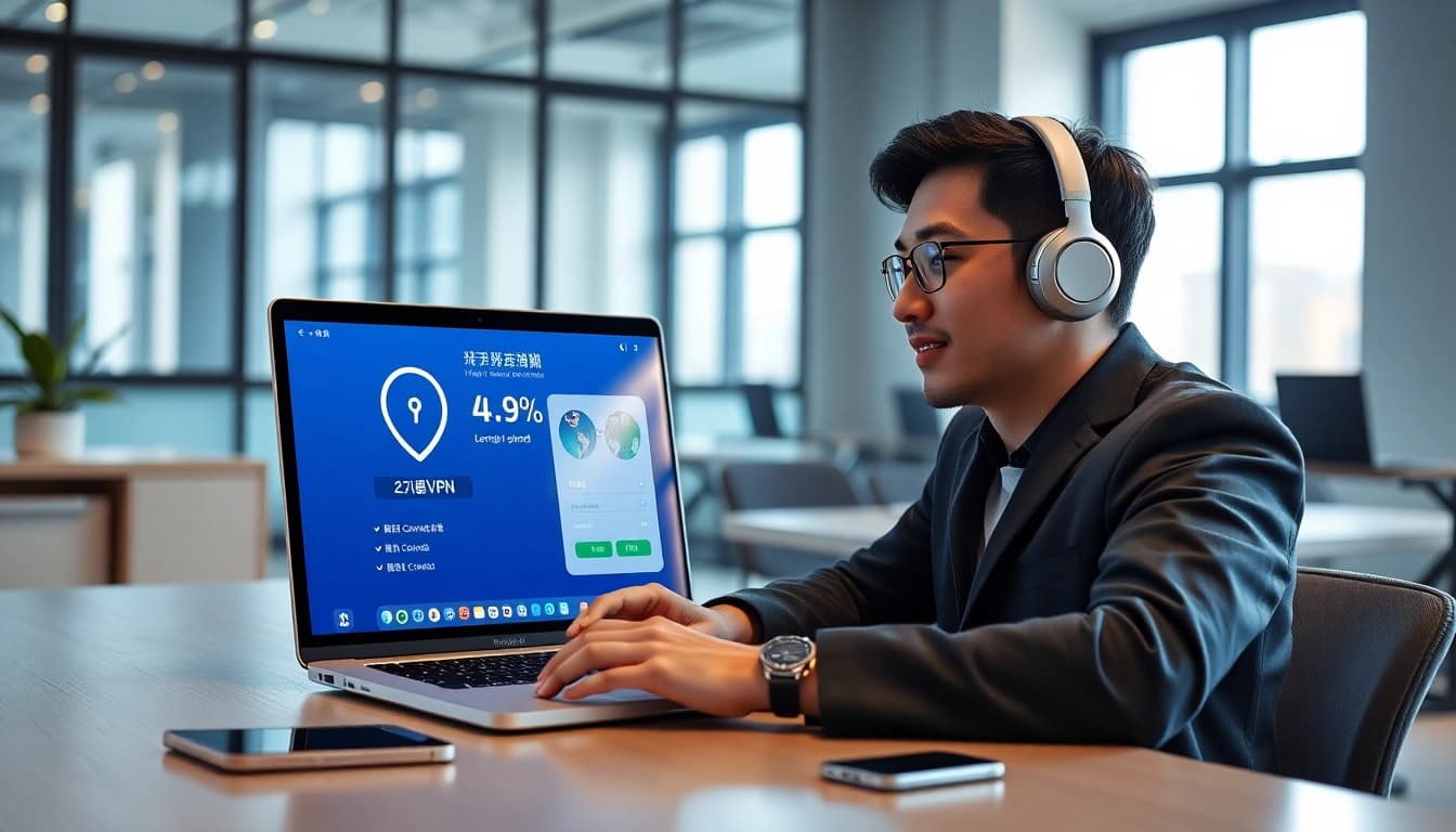 快连下载 interface displayed on a laptop in a modern office, showcasing seamless connection experience.