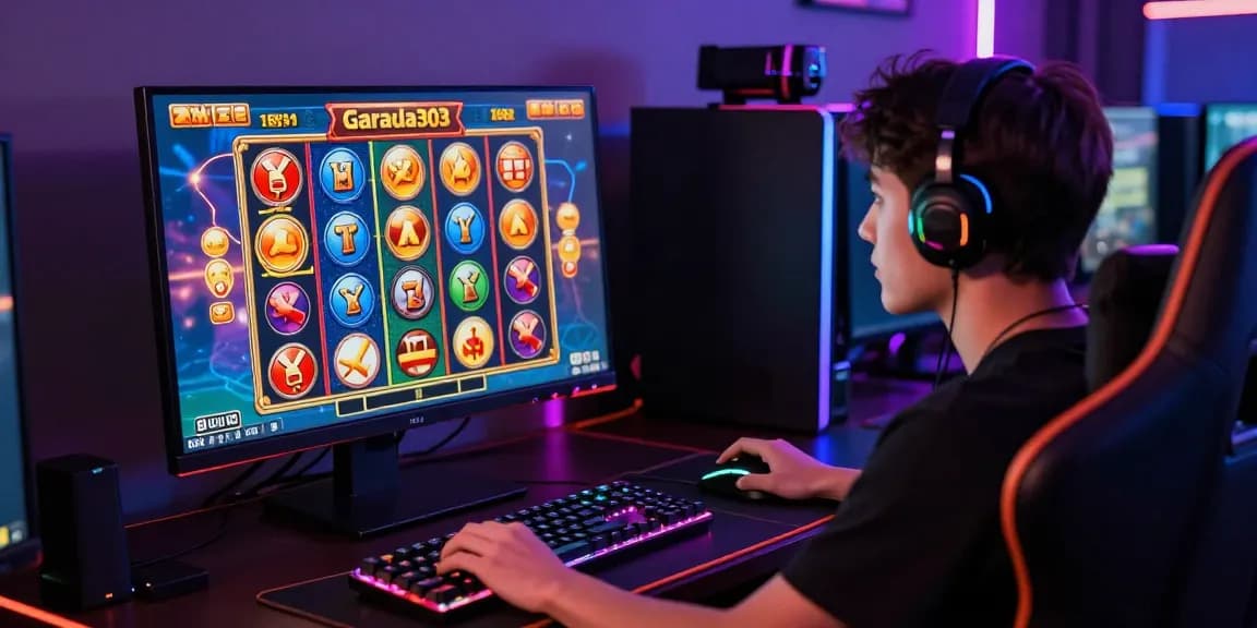 Player enjoying the garuda303 slot game on a vibrant gaming setup with dynamic lighting.