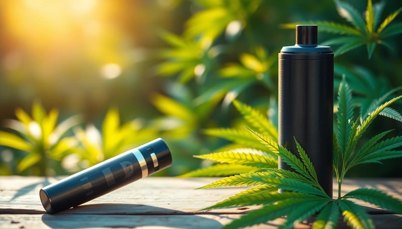 Engaging visual of a cbd oil vape pen on a wooden table with cannabis leaves, showcasing its sleek design.